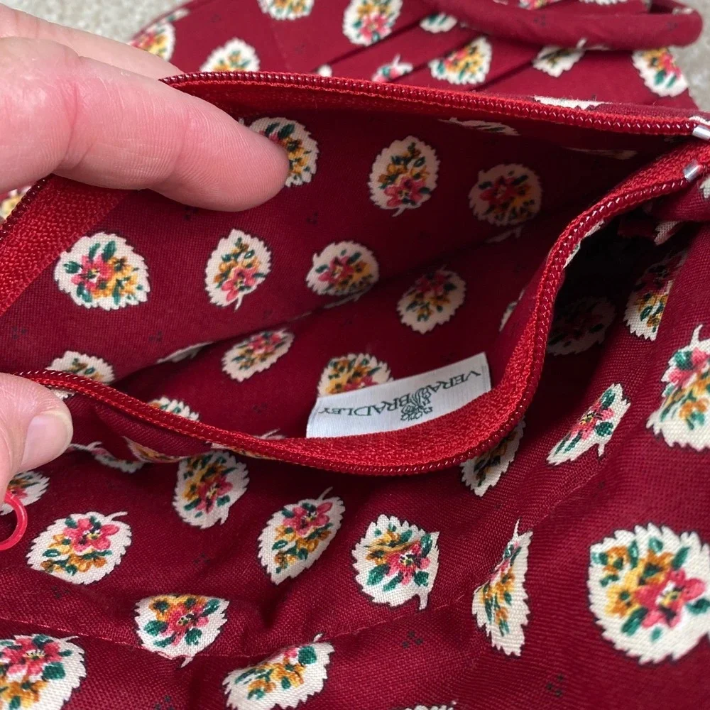 Vera Bradley Burgundy Red Floral Quilted Cotton Crossbody Wallet Bag ID Holder
